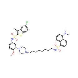 COc1ccc(NS(=O)(=O)c2sc3ccc(Cl)cc3c2C)cc1N1CCN(CCCCCCCCNS(=O)(=O)c2cccc3c(N(C)C)cccc23)CC1 ZINC000095544862