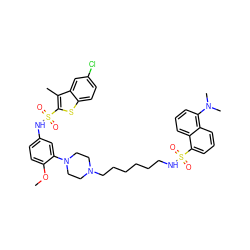 COc1ccc(NS(=O)(=O)c2sc3ccc(Cl)cc3c2C)cc1N1CCN(CCCCCCNS(=O)(=O)c2cccc3c(N(C)C)cccc23)CC1 ZINC000095544845