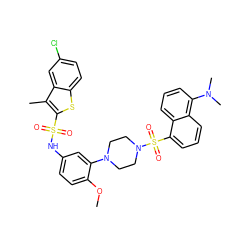 COc1ccc(NS(=O)(=O)c2sc3ccc(Cl)cc3c2C)cc1N1CCN(S(=O)(=O)c2cccc3c(N(C)C)cccc23)CC1 ZINC000072148951