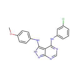 COc1ccc(Nc2[nH]nc3ncnc(Nc4cccc(Cl)c4)c23)cc1 ZINC000000839395