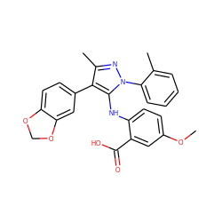 COc1ccc(Nc2c(-c3ccc4c(c3)OCO4)c(C)nn2-c2ccccc2C)c(C(=O)O)c1 ZINC000064539232