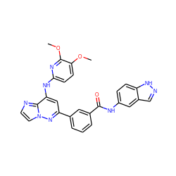 COc1ccc(Nc2cc(-c3cccc(C(=O)Nc4ccc5[nH]ncc5c4)c3)nn3ccnc23)nc1OC ZINC000207389899