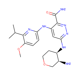 COc1ccc(Nc2cc(N[C@@H]3CCOC[C@@H]3N)nnc2C(N)=O)nc1C(C)C ZINC000169308338