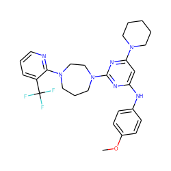 COc1ccc(Nc2cc(N3CCCCC3)nc(N3CCCN(c4ncccc4C(F)(F)F)CC3)n2)cc1 ZINC000073164306