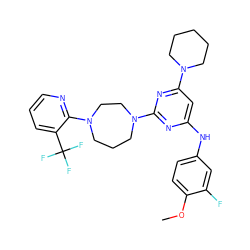 COc1ccc(Nc2cc(N3CCCCC3)nc(N3CCCN(c4ncccc4C(F)(F)F)CC3)n2)cc1F ZINC000073196500