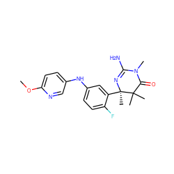 COc1ccc(Nc2ccc(F)c([C@@]3(C)N=C(N)N(C)C(=O)C3(C)C)c2)cn1 ZINC000114108682