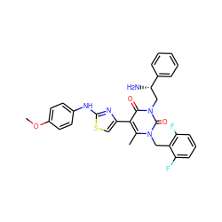 COc1ccc(Nc2nc(-c3c(C)n(Cc4c(F)cccc4F)c(=O)n(C[C@H](N)c4ccccc4)c3=O)cs2)cc1 ZINC000028390493