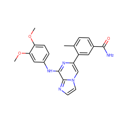 COc1ccc(Nc2nc(-c3cc(C(N)=O)ccc3C)cn3ccnc23)cc1OC ZINC000148710879