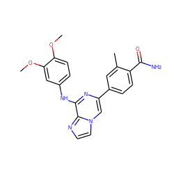 COc1ccc(Nc2nc(-c3ccc(C(N)=O)c(C)c3)cn3ccnc23)cc1OC ZINC000145340580