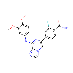 COc1ccc(Nc2nc(-c3ccc(C(N)=O)c(F)c3)cn3ccnc23)cc1OC ZINC000145371447