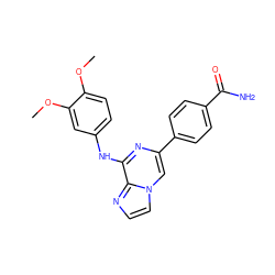 COc1ccc(Nc2nc(-c3ccc(C(N)=O)cc3)cn3ccnc23)cc1OC ZINC000166622560