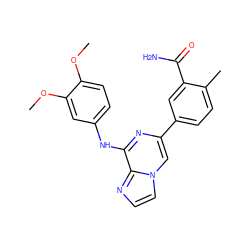 COc1ccc(Nc2nc(-c3ccc(C)c(C(N)=O)c3)cn3ccnc23)cc1OC ZINC000145371672