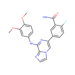 COc1ccc(Nc2nc(-c3ccc(F)c(C(N)=O)c3)cn3ccnc23)cc1OC ZINC000164960560