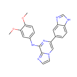 COc1ccc(Nc2nc(-c3ccc4[nH]cnc4c3)cn3ccnc23)cc1OC ZINC000147627824