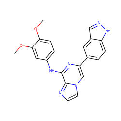 COc1ccc(Nc2nc(-c3ccc4[nH]ncc4c3)cn3ccnc23)cc1OC ZINC000147255349