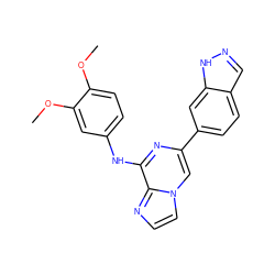 COc1ccc(Nc2nc(-c3ccc4cn[nH]c4c3)cn3ccnc23)cc1OC ZINC000146981449