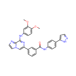 COc1ccc(Nc2nc(-c3cccc(C(=O)Nc4ccc(-c5ccn[nH]5)cc4)c3)cn3ccnc23)cc1OC ZINC000145190226