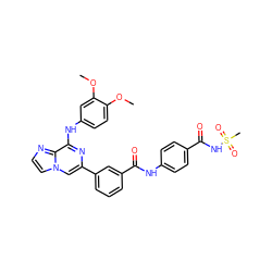 COc1ccc(Nc2nc(-c3cccc(C(=O)Nc4ccc(C(=O)NS(C)(=O)=O)cc4)c3)cn3ccnc23)cc1OC ZINC000145556851