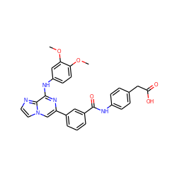 COc1ccc(Nc2nc(-c3cccc(C(=O)Nc4ccc(CC(=O)O)cc4)c3)cn3ccnc23)cc1OC ZINC000145579512