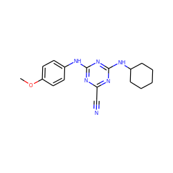 COc1ccc(Nc2nc(C#N)nc(NC3CCCCC3)n2)cc1 ZINC001772636379