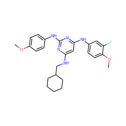 COc1ccc(Nc2nc(NCC3CCCCC3)cc(Nc3ccc(OC)c(F)c3)n2)cc1 ZINC000073168333