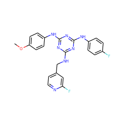 COc1ccc(Nc2nc(NCc3ccnc(F)c3)nc(Nc3ccc(F)cc3)n2)cc1 ZINC000117541944