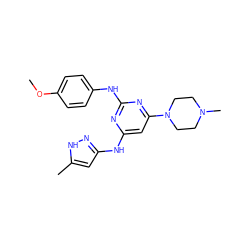 COc1ccc(Nc2nc(Nc3cc(C)[nH]n3)cc(N3CCN(C)CC3)n2)cc1 ZINC000169312509