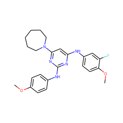 COc1ccc(Nc2nc(Nc3ccc(OC)c(F)c3)cc(N3CCCCCC3)n2)cc1 ZINC000073196818