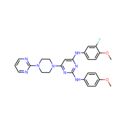 COc1ccc(Nc2nc(Nc3ccc(OC)c(F)c3)cc(N3CCN(c4ncccn4)CC3)n2)cc1 ZINC000073167804