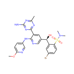 COc1ccc(Nc2ncc([C@@H](O)c3cc(Br)ccc3S(=O)(=O)N(C)C)cc2-c2nc(C)nc(N)n2)cn1 ZINC000113238543