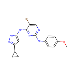 COc1ccc(Nc2ncc(Br)c(Nc3cc(C4CC4)n[nH]3)n2)cc1 ZINC000038209620