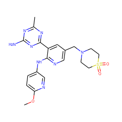 COc1ccc(Nc2ncc(CN3CCS(=O)(=O)CC3)cc2-c2nc(C)nc(N)n2)cn1 ZINC000095552609