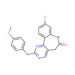 COc1ccc(Nc2ncc3c(n2)-c2ccc(Cl)cc2NC(=O)C3)cc1 ZINC000043129039