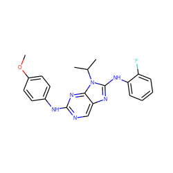 COc1ccc(Nc2ncc3nc(Nc4ccccc4F)n(C(C)C)c3n2)cc1 ZINC000082151948