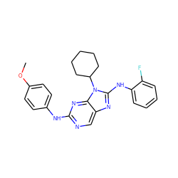 COc1ccc(Nc2ncc3nc(Nc4ccccc4F)n(C4CCCCC4)c3n2)cc1 ZINC000082151950