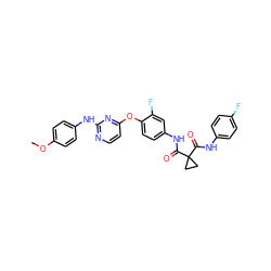 COc1ccc(Nc2nccc(Oc3ccc(NC(=O)C4(C(=O)Nc5ccc(F)cc5)CC4)cc3F)n2)cc1 ZINC000169350848