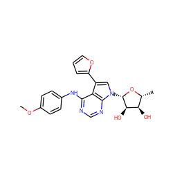 COc1ccc(Nc2ncnc3c2c(-c2ccco2)cn3[C@@H]2O[C@H](C)[C@@H](O)[C@H]2O)cc1 ZINC000013809507