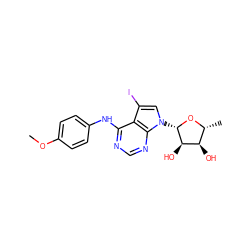 COc1ccc(Nc2ncnc3c2c(I)cn3[C@@H]2O[C@H](C)[C@@H](O)[C@H]2O)cc1 ZINC000013809486