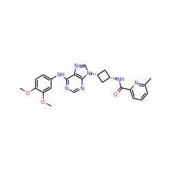 COc1ccc(Nc2ncnc3c2ncn3[C@H]2C[C@@H](NC(=O)c3cccc(C)n3)C2)cc1OC ZINC001772647400