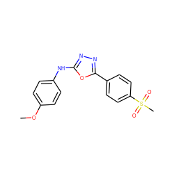 COc1ccc(Nc2nnc(-c3ccc(S(C)(=O)=O)cc3)o2)cc1 ZINC000066260194