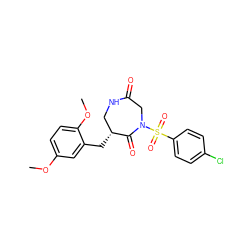 COc1ccc(OC)c(C[C@@H]2CNC(=O)CN(S(=O)(=O)c3ccc(Cl)cc3)C2=O)c1 ZINC000028894384