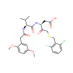 COc1ccc(OC)c(CC(=O)N[C@H](C(=O)N[C@@H](CC(=O)O)C(=O)CSCc2c(F)cccc2Cl)C(C)C)c1 ZINC000014947382