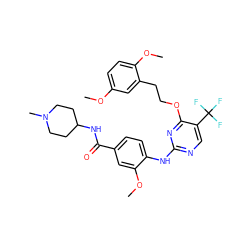 COc1ccc(OC)c(CCOc2nc(Nc3ccc(C(=O)NC4CCN(C)CC4)cc3OC)ncc2C(F)(F)F)c1 ZINC000148460917