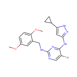 COc1ccc(OC)c(CNc2ncc(Br)c(Nc3cc(C4CC4)[nH]n3)n2)c1 ZINC000203007698