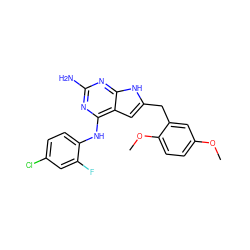 COc1ccc(OC)c(Cc2cc3c(Nc4ccc(Cl)cc4F)nc(N)nc3[nH]2)c1 ZINC000082151032