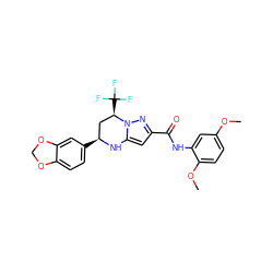 COc1ccc(OC)c(NC(=O)c2cc3n(n2)[C@H](C(F)(F)F)C[C@H](c2ccc4c(c2)OCO4)N3)c1 ZINC000012465906