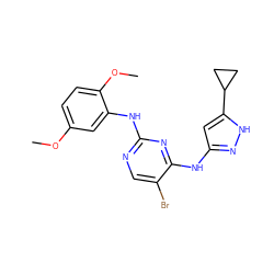 COc1ccc(OC)c(Nc2ncc(Br)c(Nc3cc(C4CC4)[nH]n3)n2)c1 ZINC000203003785