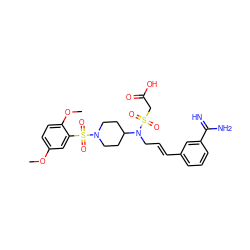 COc1ccc(OC)c(S(=O)(=O)N2CCC(N(C/C=C/c3cccc(C(=N)N)c3)S(=O)(=O)CC(=O)O)CC2)c1 ZINC000028714219