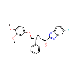 COc1ccc(OC[C@@]2(c3ccccc3)C[C@H]2C(=O)c2nc3cc(F)ccc3[nH]2)cc1OC ZINC000299820944