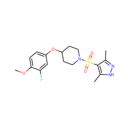 COc1ccc(OC2CCN(S(=O)(=O)c3c(C)n[nH]c3C)CC2)cc1F ZINC000207239252